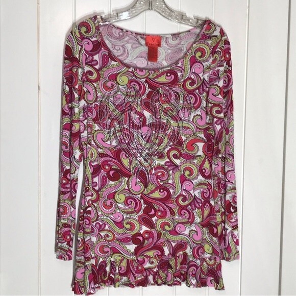 V Christina Long Sleeve Paisley Embellished Ruffled Top Size MEDIUM - Picture 2 of 10